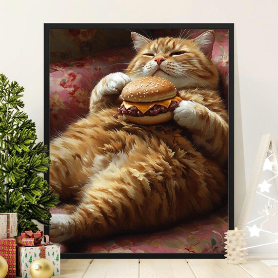 Chubby Orange Cat Holding Cheeseburger Relaxed Painterly Funny Pet Art Poster