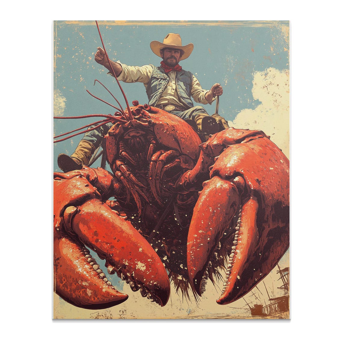 Cowboy Riding Giant Lobster Surreal Vintage Western Coastal Art Poster - Image 2