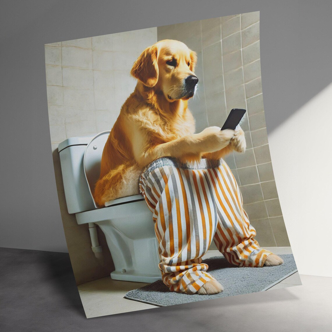 Silly Funny Golden Retriever On Toilet With Phone Bathroom Poster - Image 3