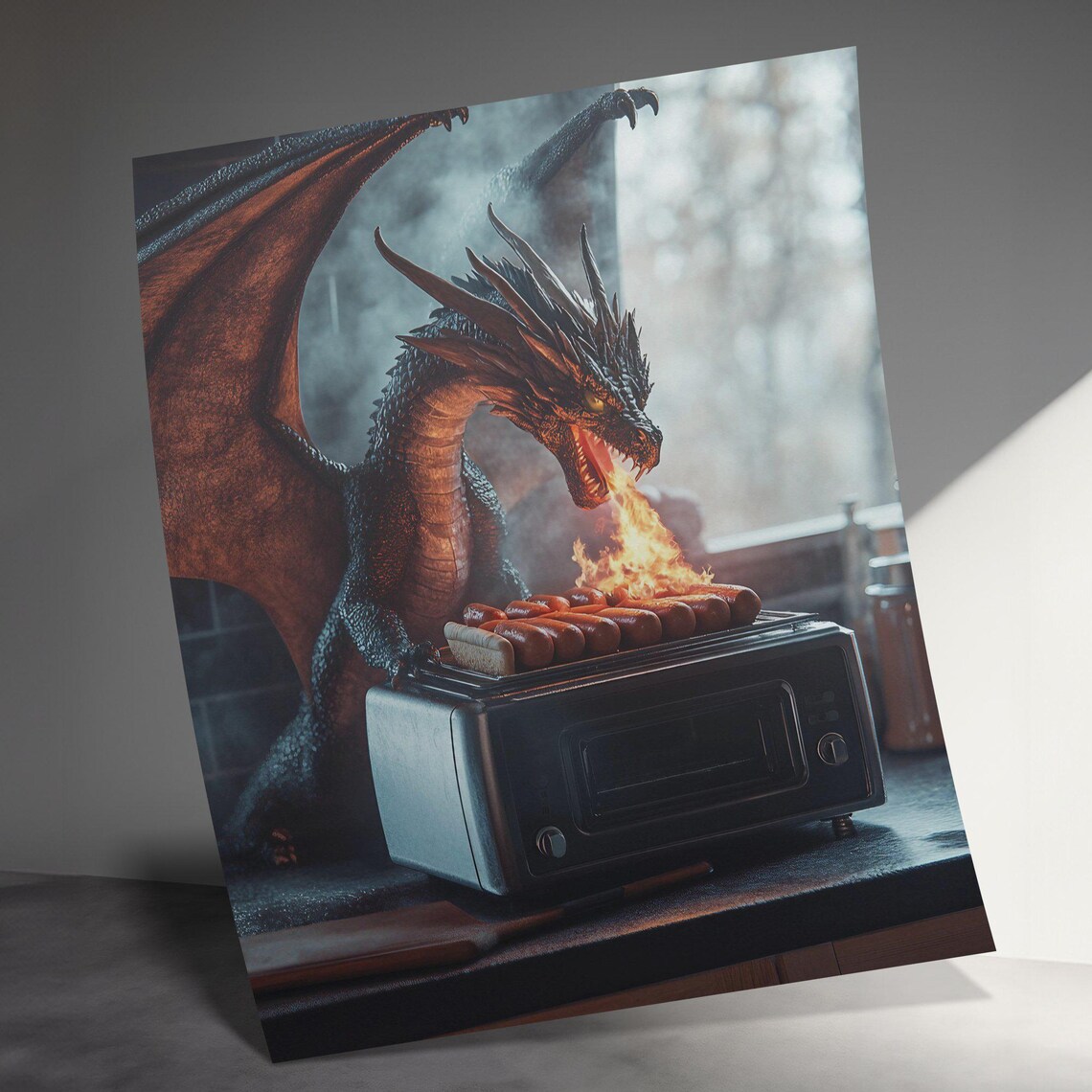 Dragon Grilling Hotdogs Funny Fire Breathing Fantasy Kitchen Art Poster - Image 3