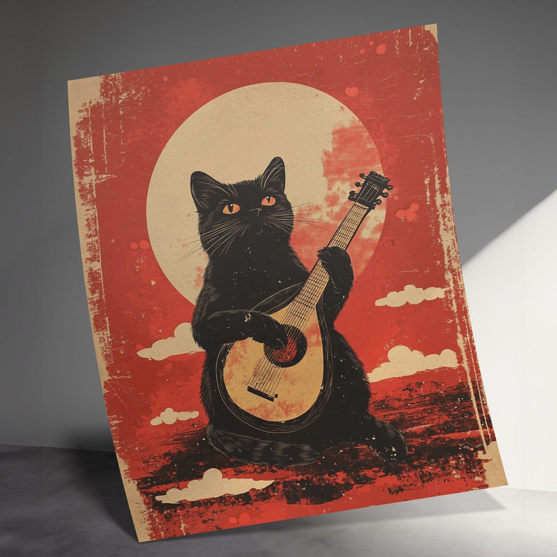 Black Cat Playing Ukulele Under Full Moon Vintage Music Cat Poster - Image 3