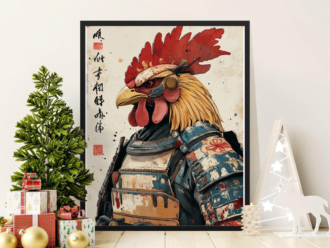 Samurai Rooster Portrait Armor Detail Japanese Calligraphy Art Poster