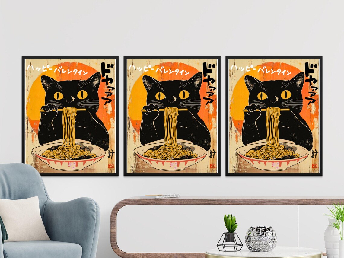 Retro Black Cat Eating Ramen Noodles Vintage Japanese Foodie Art Poster - Image 3