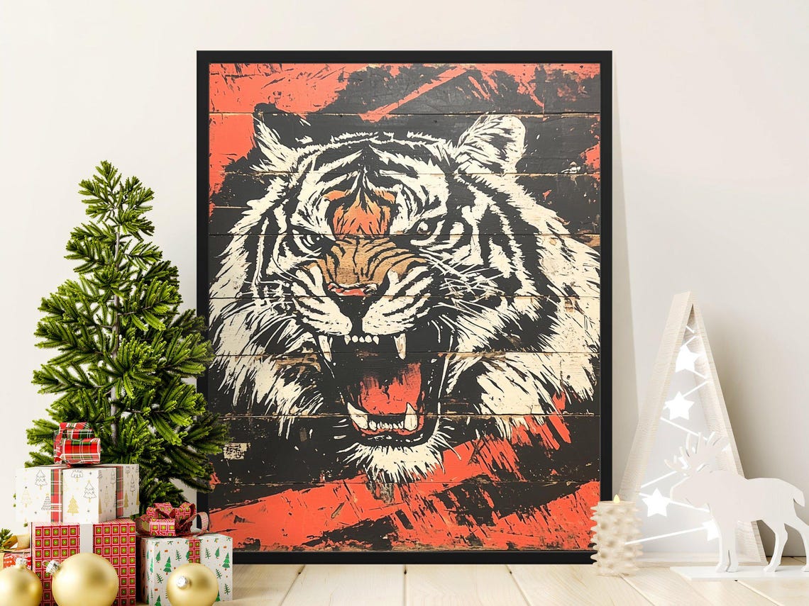 Roaring Tiger Woodcut Style Bold Black Orange Wildlife Poster