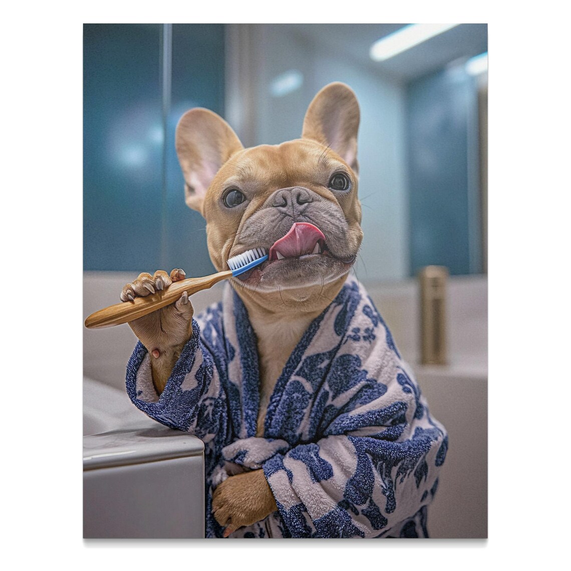 Cute French Bulldog Brushing Teeth, Custom Order Mel - Image 3