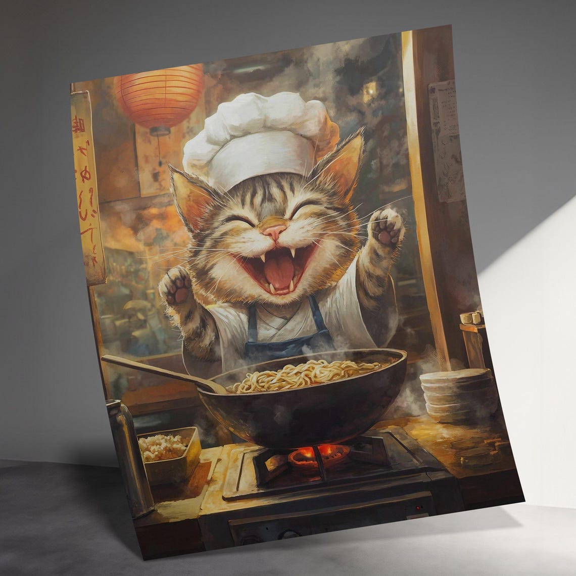 Joyful Tabby Cat Chef Cooking Noodles In Wok Restaurant Poster - Image 3