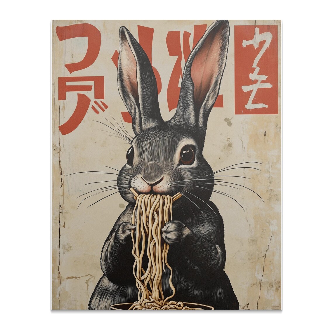 Cute Rabbit Eating Noodles Retro Japanese Kitchen Bunny Wall Decor Poster - Image 2