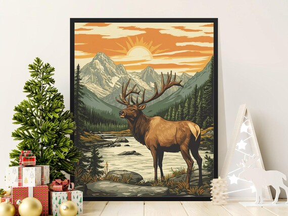 Majestic Bull Elk River Sunset Snowy Peaks Retro Wildlife Art Poster