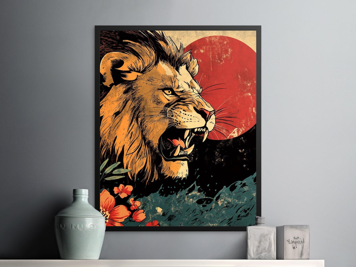 Roaring Lion Japanese Red Sun Floral Vintage Wildlife Wall Art Poster