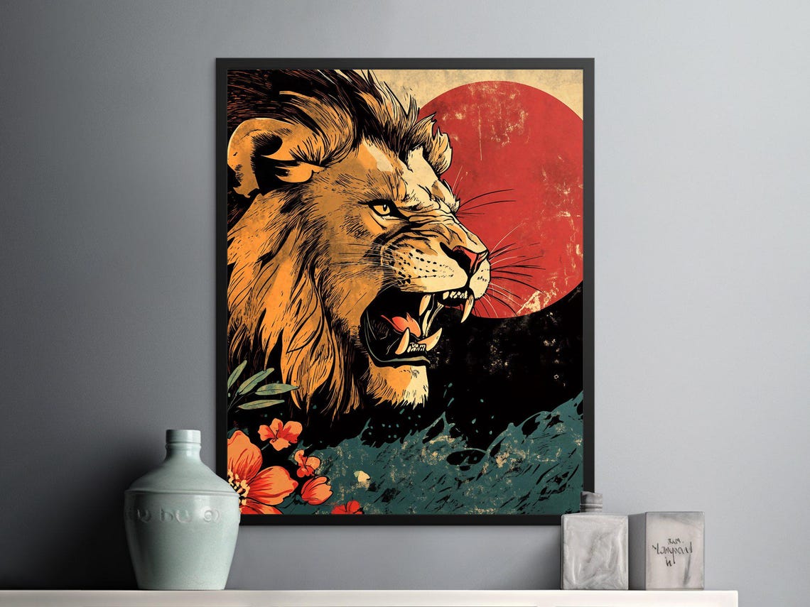 Roaring Lion Poster Japanese Sun Art Fierce Lion Wall Art Wildlife Decor Print Animal Lover Gift Floral Detail Poster