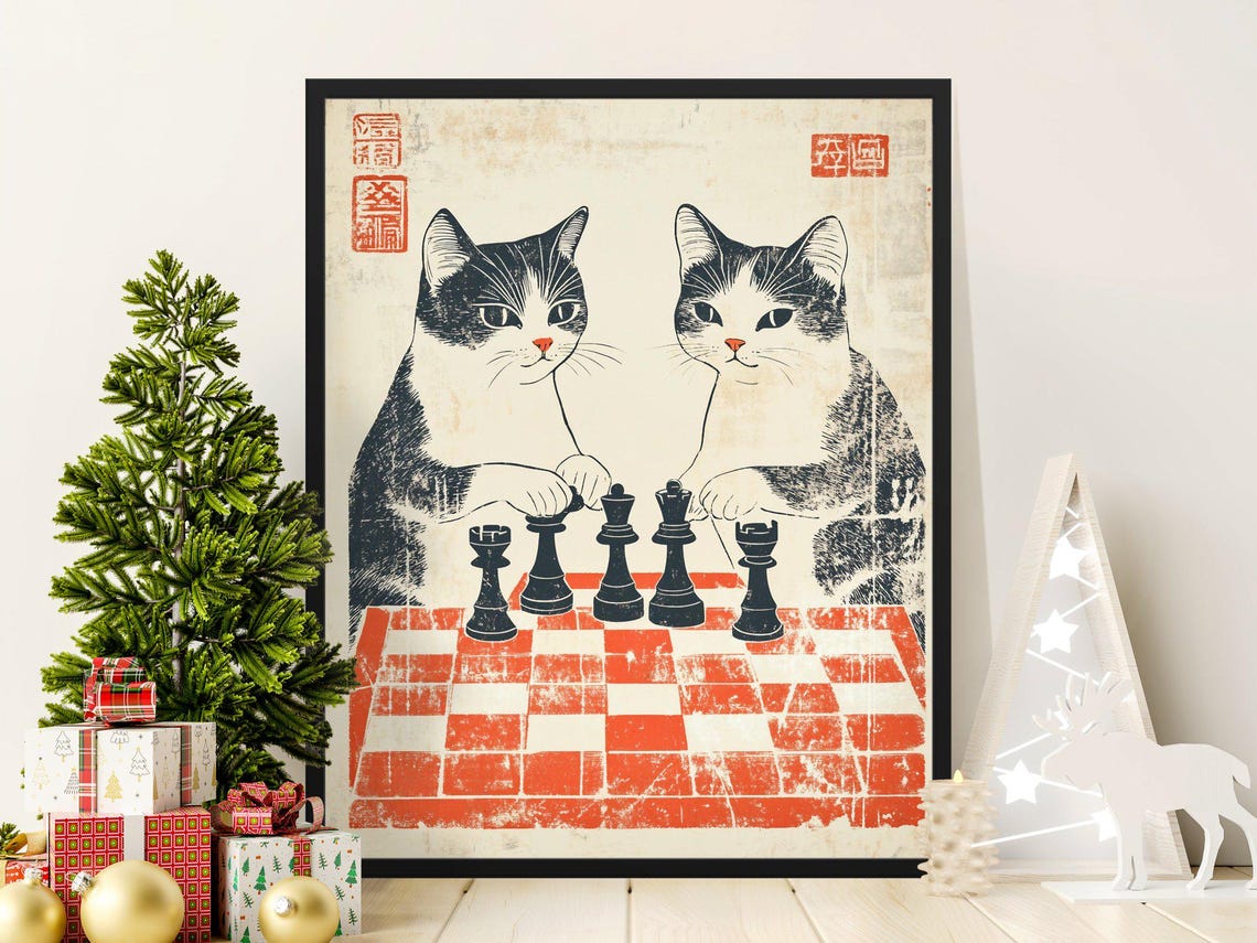 Two Tuxedo Cats Playing Chess Vintage Japanese Strategy Game Poster