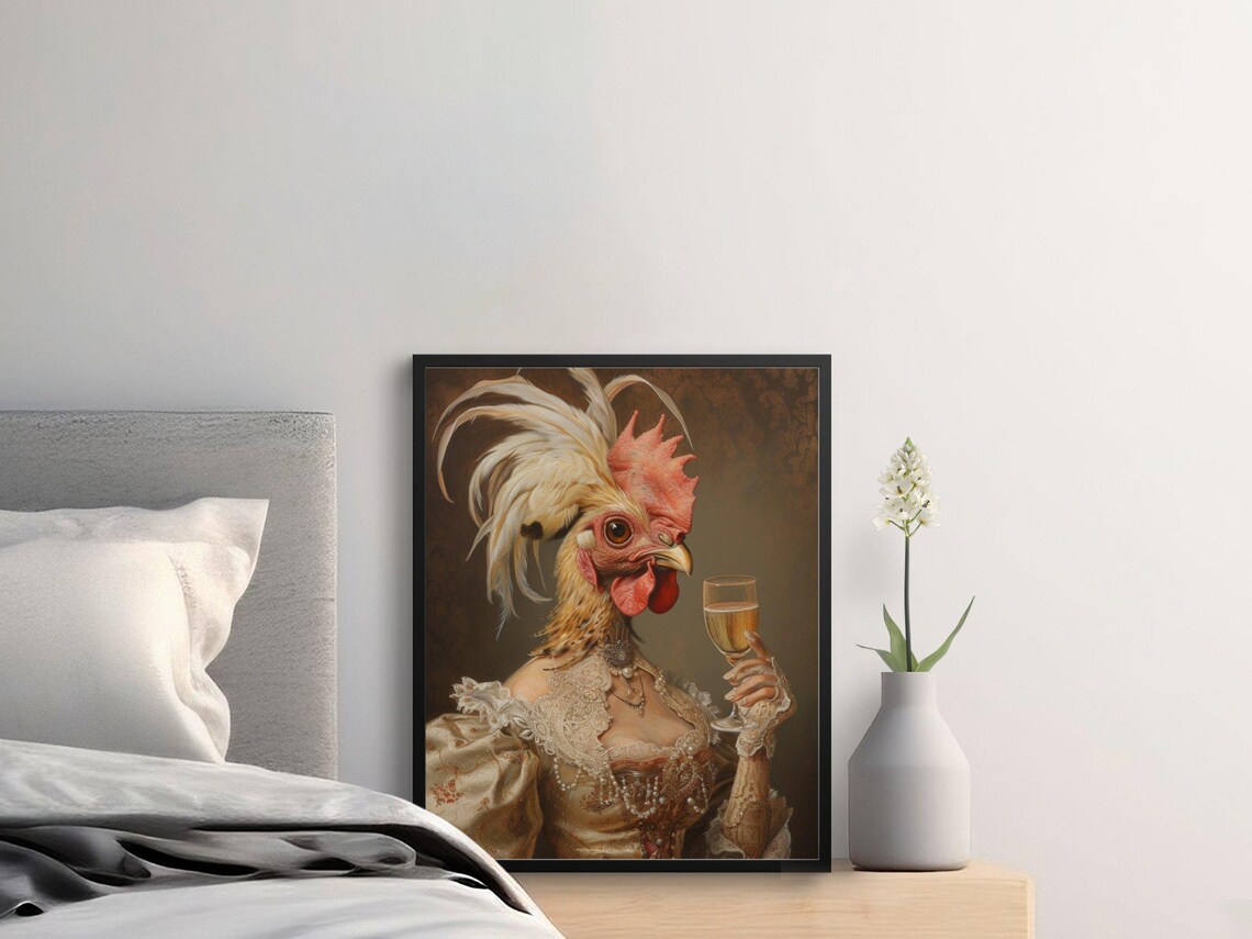 Rooster Lady In Lace Gown Holding Champagne Elegant Portrait Poster - Image 2