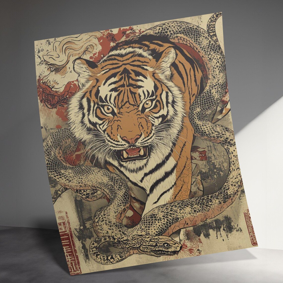 Tiger Entwined With Snake Ukiyo E Style Japanese Wildlife Poster - Image 3