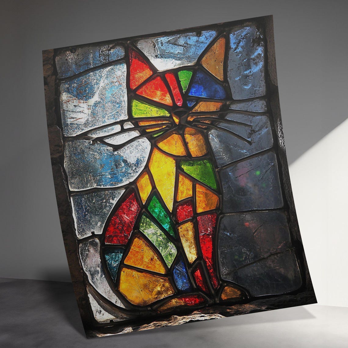 Rainbow Stained Glass Cat Silhouette Colorful Window Art Wall Poster - Image 3