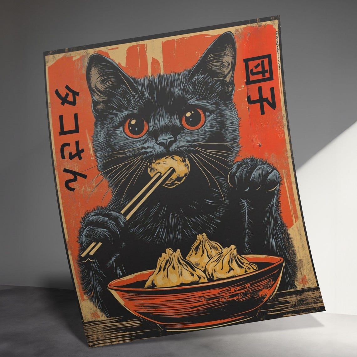 Black Cat Eating Dumplings With Chopsticks Orange Retro Poster - Image 3