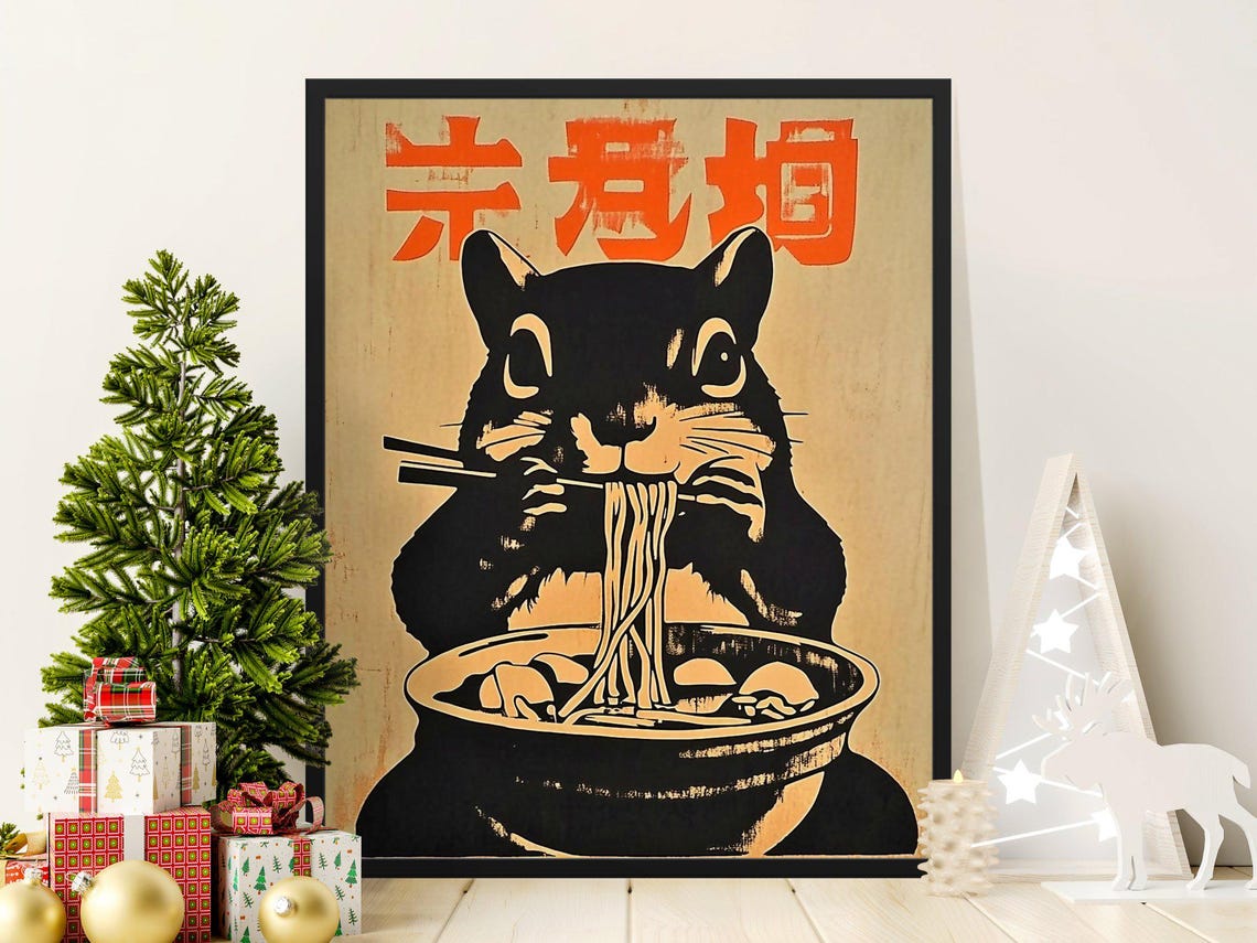 Squirrel Slurping Ramen Japanese Style Cute Kitchen Wall Art Poster