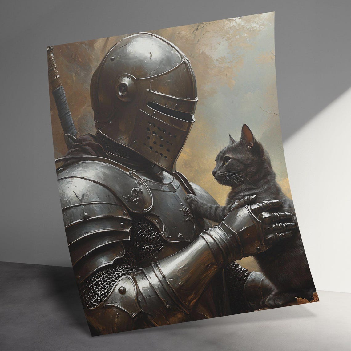 Medieval Knight Holding Black Cat Fantasy Historical Wall Art Poster - Image 3
