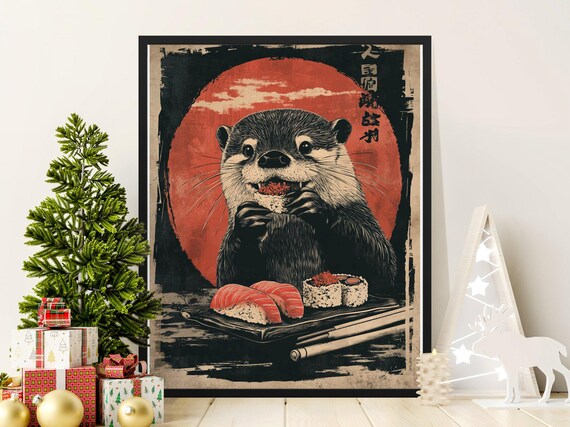 Otter Enjoying Sushi Feast Red Sun Bold Japanese Animal Art Poster