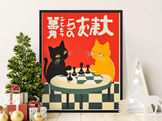 Black And Orange Cats Playing Chess Japanese Red Vintage Style Poster