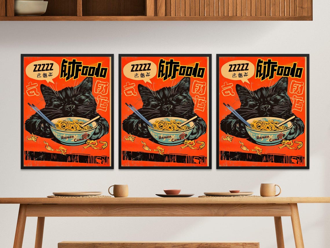 Ramen Coma Black Cat Sleeping Bowl Vintage Japanese Style Poster - Image 2