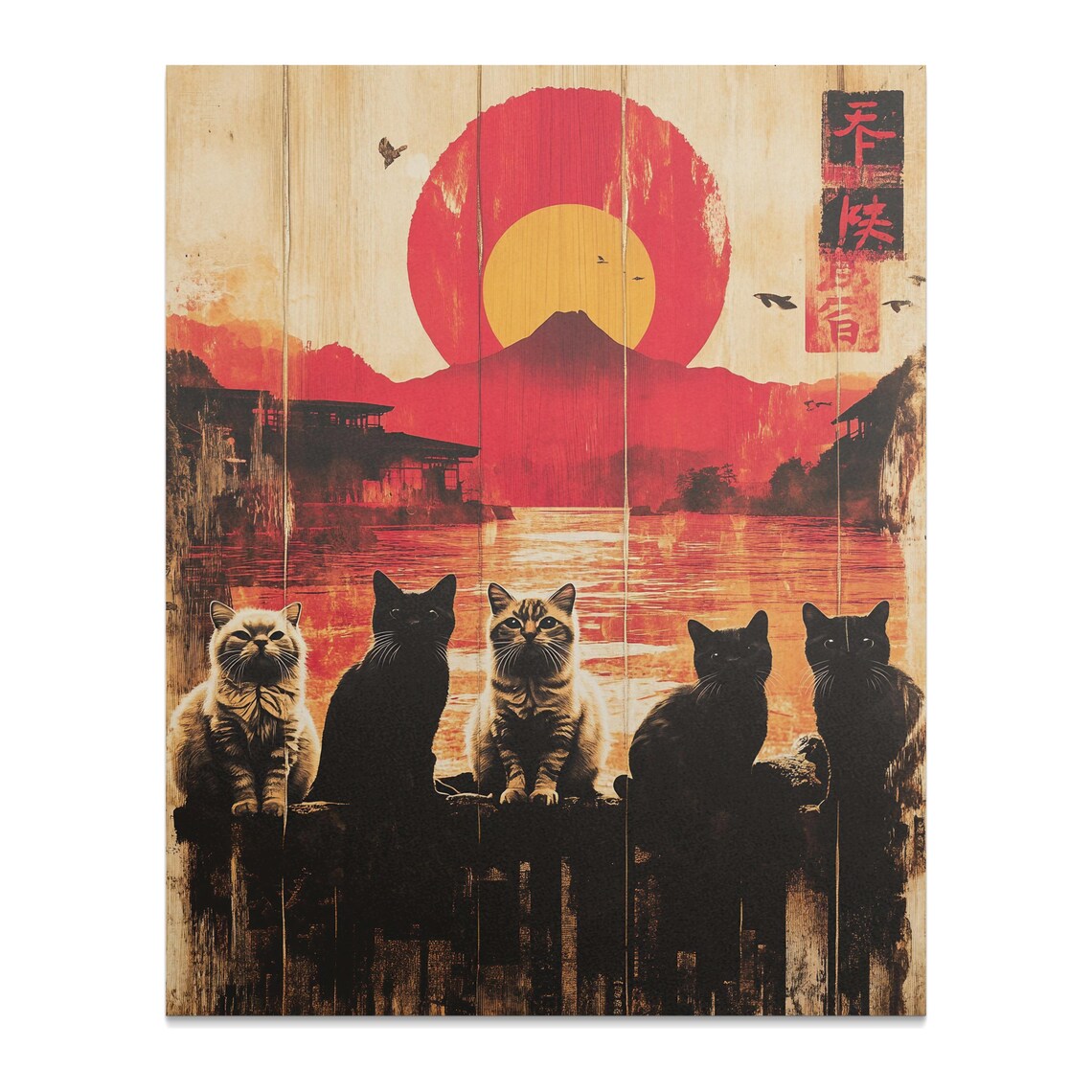 Five Cats Sunset Silhouette Red Sun Japanese Woodblock Style Art Poster - Image 2