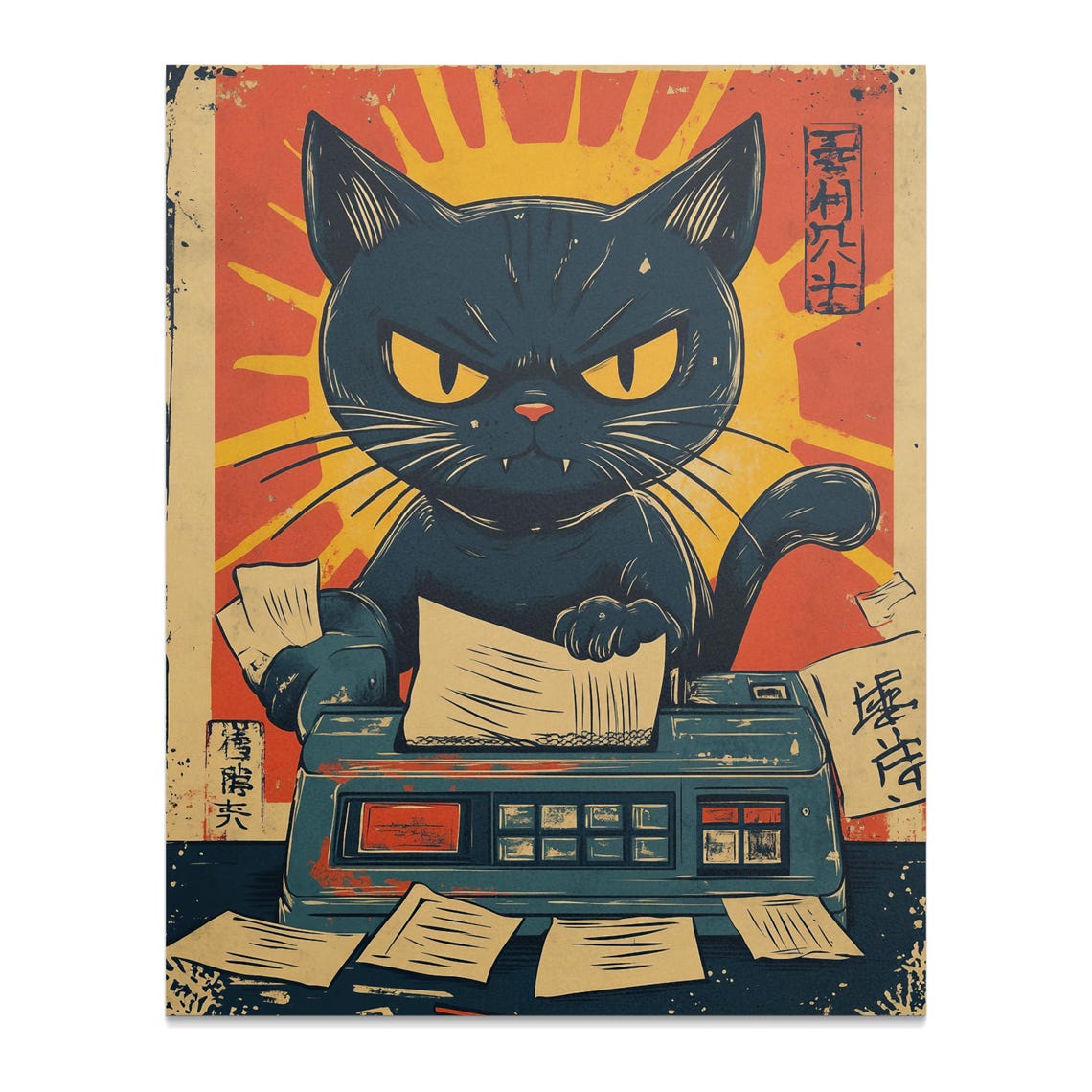 Angry Cat Smashing Printer Office Rage Retro Japanese Style Poster - Image 3