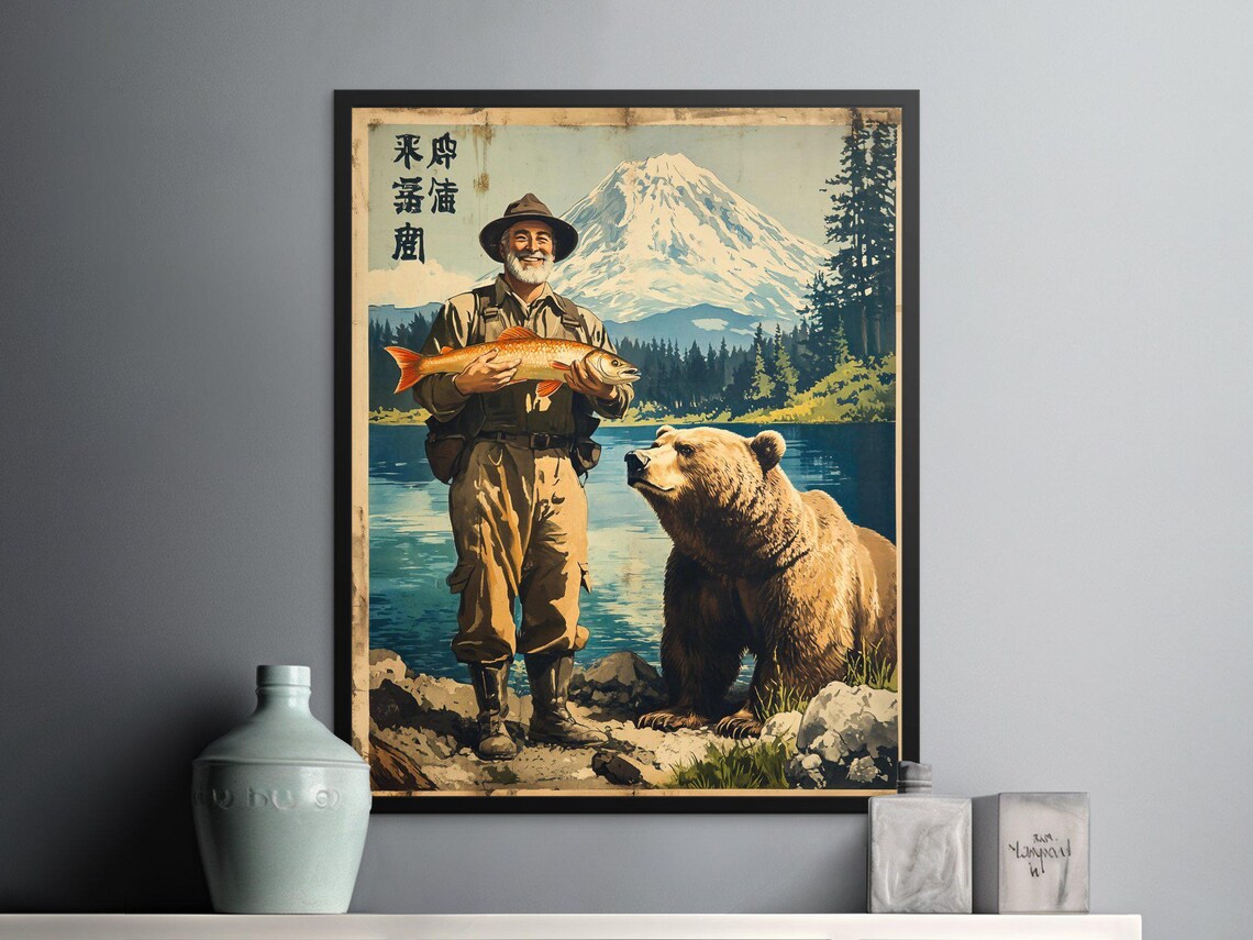 Fisherman Holding Giant Fish Beside Bear Vintage Mountain Lake Art Poster - Image 2