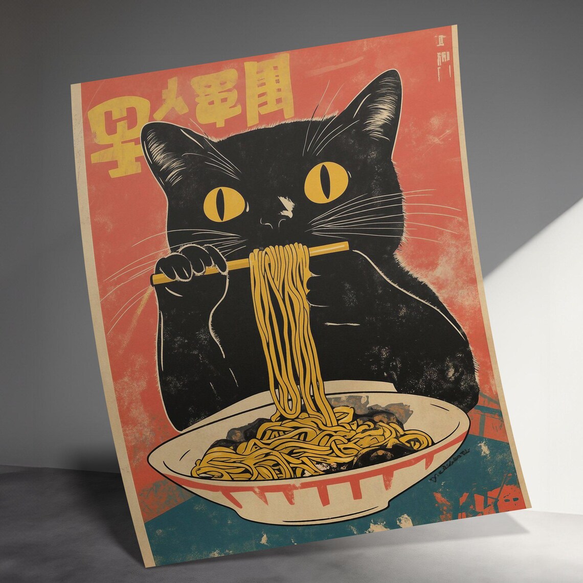 Vintage Cat Eating Ramen, Retro Japanese Poster Print - Image 3