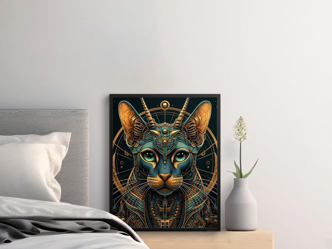 Steampunk Cybernetic Cat Portrait Gold and Teal Intricate Detail Print - Image 2
