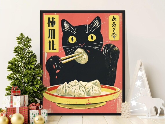 Black Cat Eating Dumplings Retro Japanese Pink Background Poster