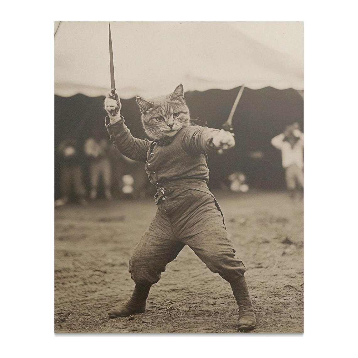 Vintage Knife Throwing Cat With Swords Retro Circus Sepia Wall Art - Image 2