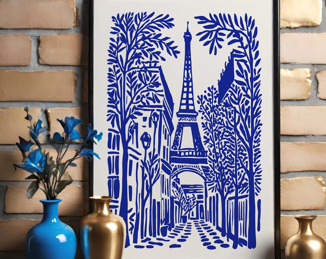 Paris Blue Eiffel Tower Cobblestone Street Linocut Travel Poster