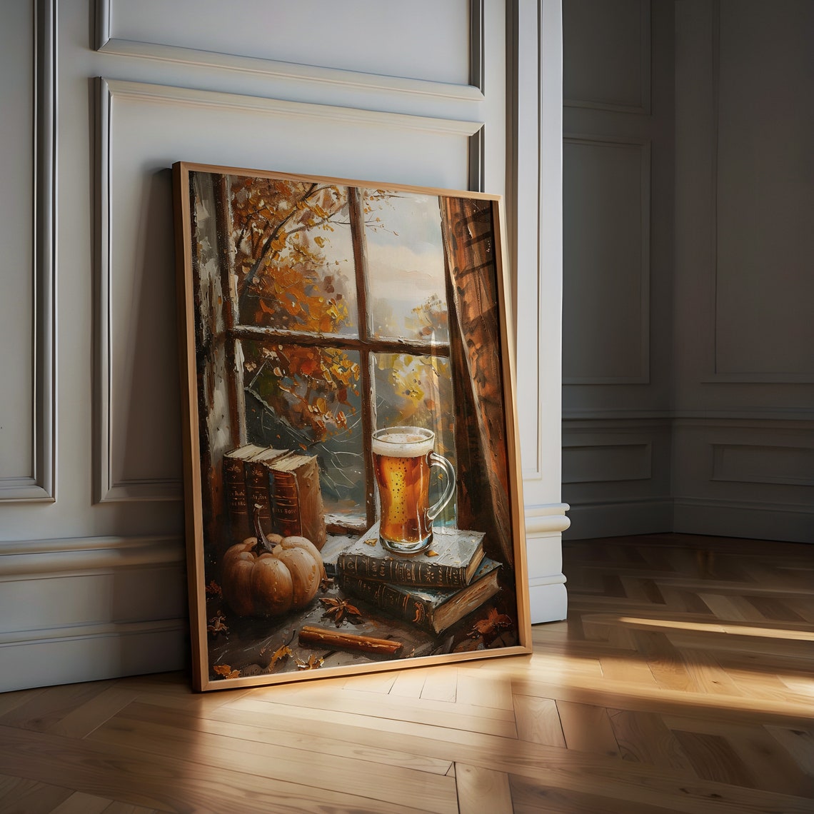 Pumpkin Beer by Window Autumn Cozy Oil Painting Fall Bookish Poster - Image 2