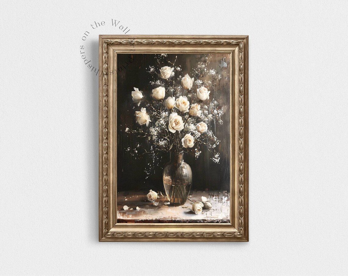White Roses with Baby's Breath Dark Moody Floral Oil Painting Poster - Image 6