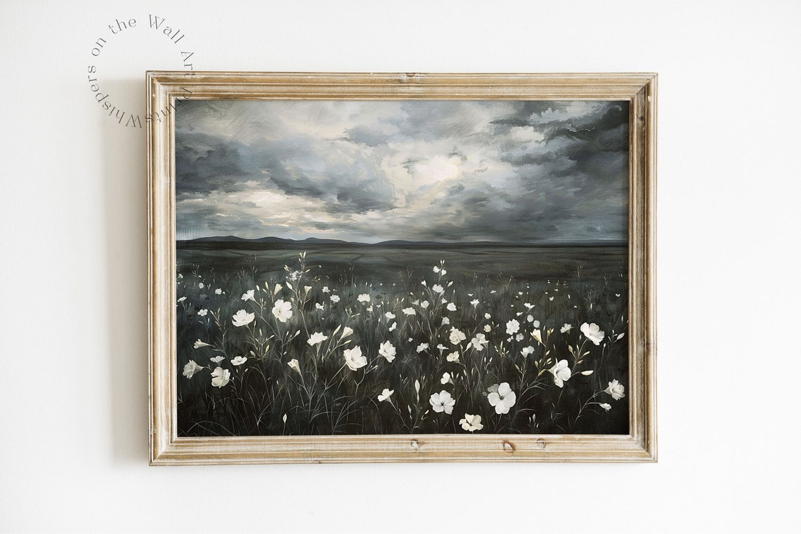 Dramatic White Wildflowers Under Stormy Sky Moody Landscape Poster