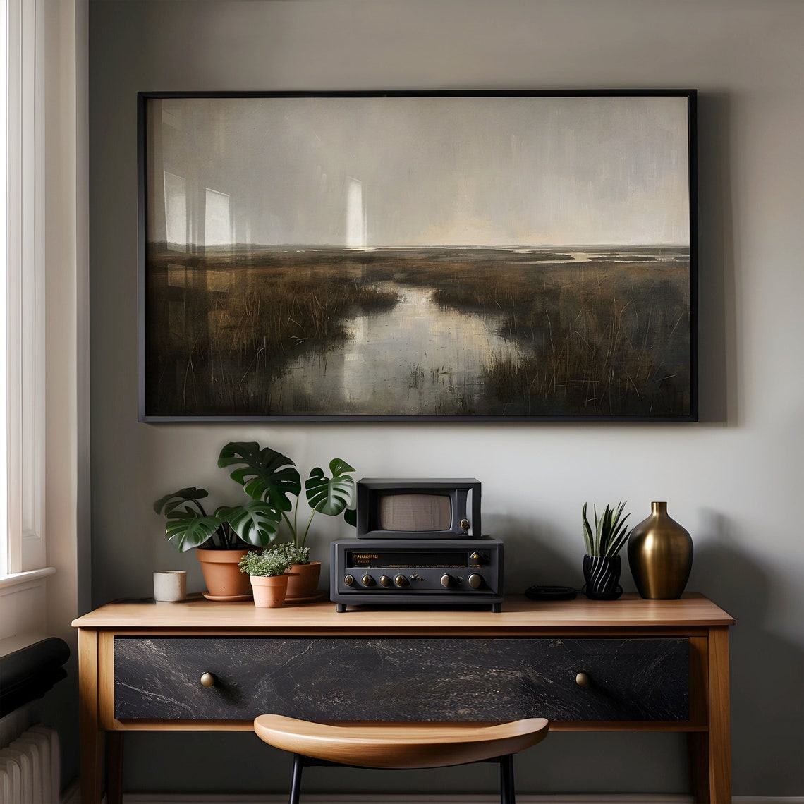 Misty Marsh Wetlands with Winding Water Moody Painting Poster - Image 2