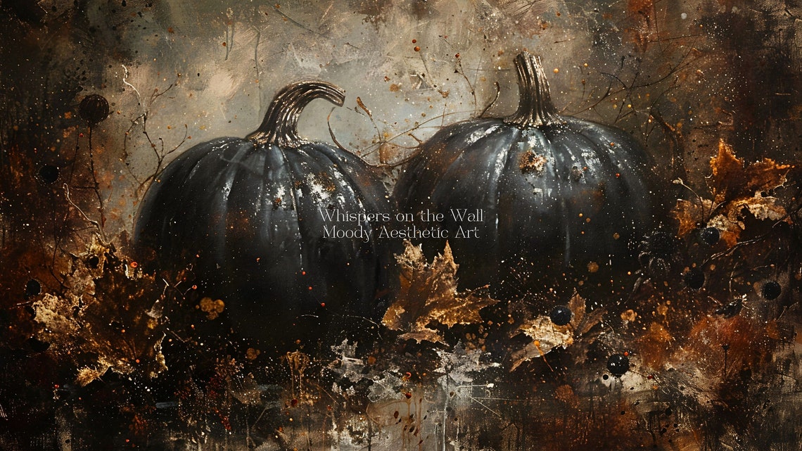Two Black Pumpkins with Autumn Leaves Dark Fall Painting Poster - Image 5