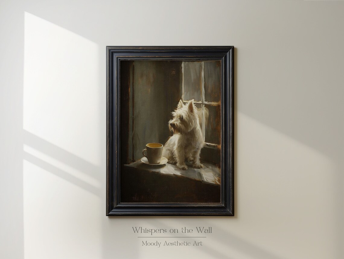 West Highland Terrier Puppy On Windowsill With Teacup Vintage Painting Poster - Image 2