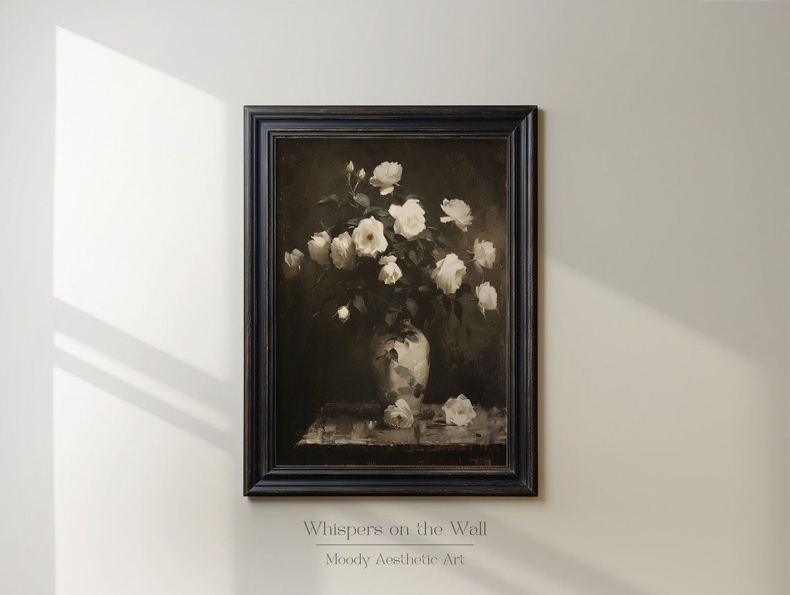 White Roses In Vase Still Life Moody Vintage Floral Painting Poster - Image 3