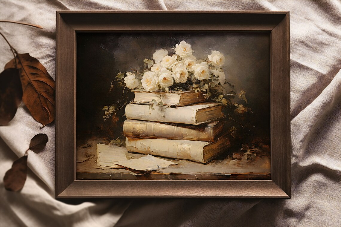 White Roses on Stack of Vintage Books Moody Still Life Poster - Image 5