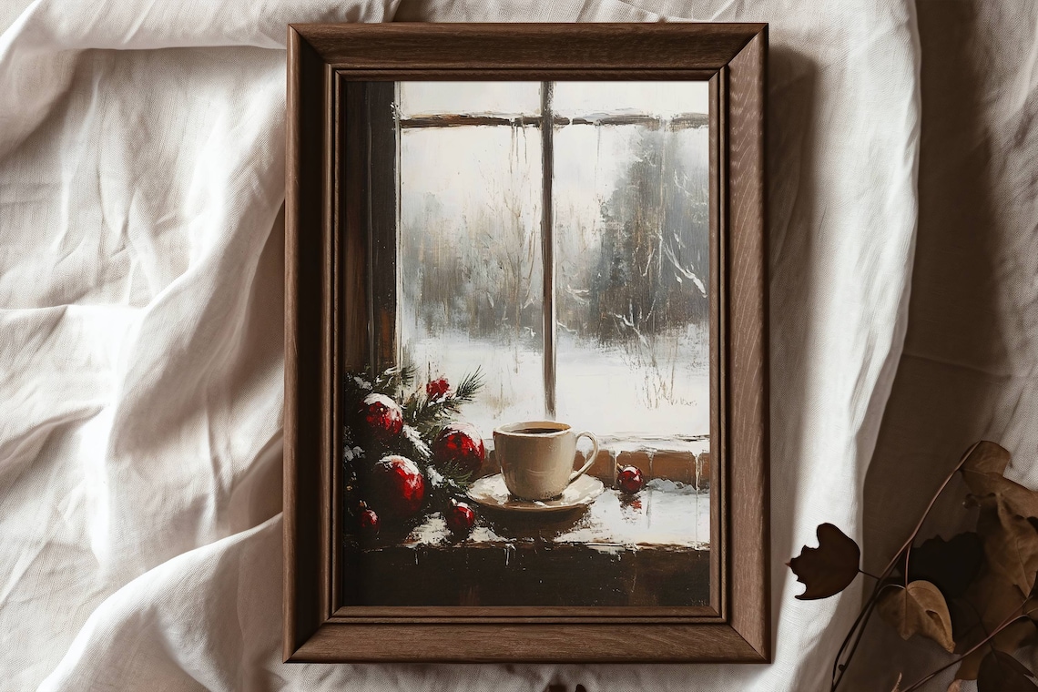 Christmas Coffee on Snowy Window with Ornaments Vintage Holiday Poster