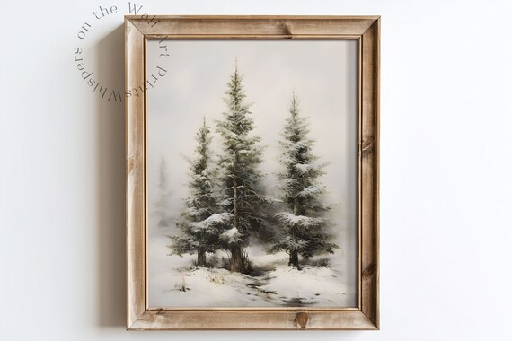 Winter Forest Landscape Art Print Vintage Christmas Decor Snowy Pine Forest Wall Art Moody Holiday Decor Neutral Xmas Art