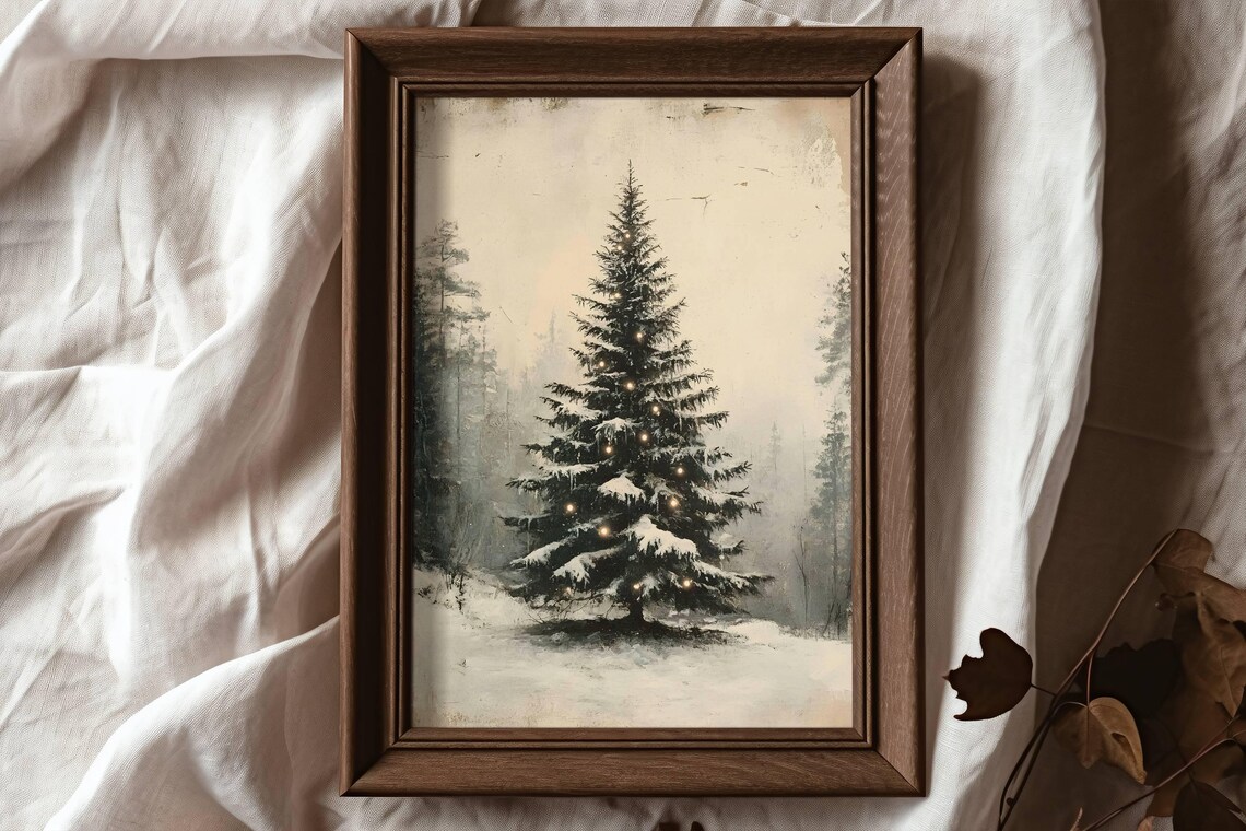 Snowy Christmas Tree with Lights Misty Forest Vintage Holiday Poster - Image 6