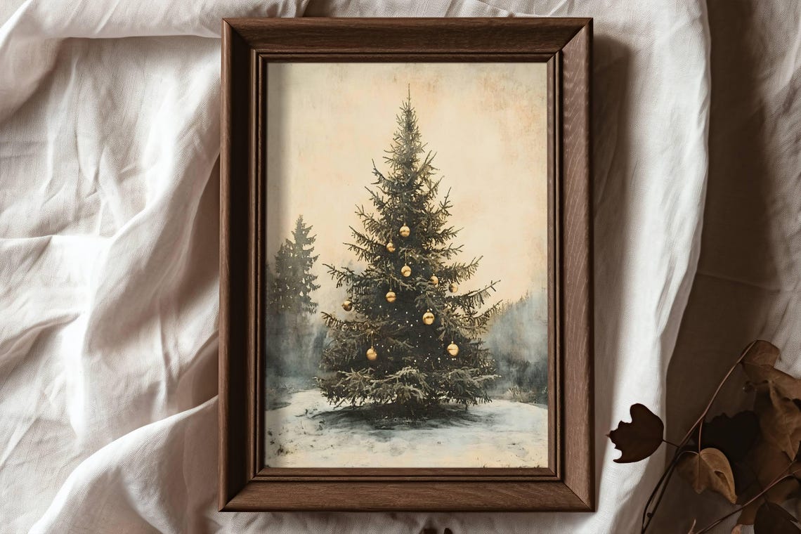 Rustic Christmas Tree Gold Baubles Standing In Snow Vintage Poster - Image 6