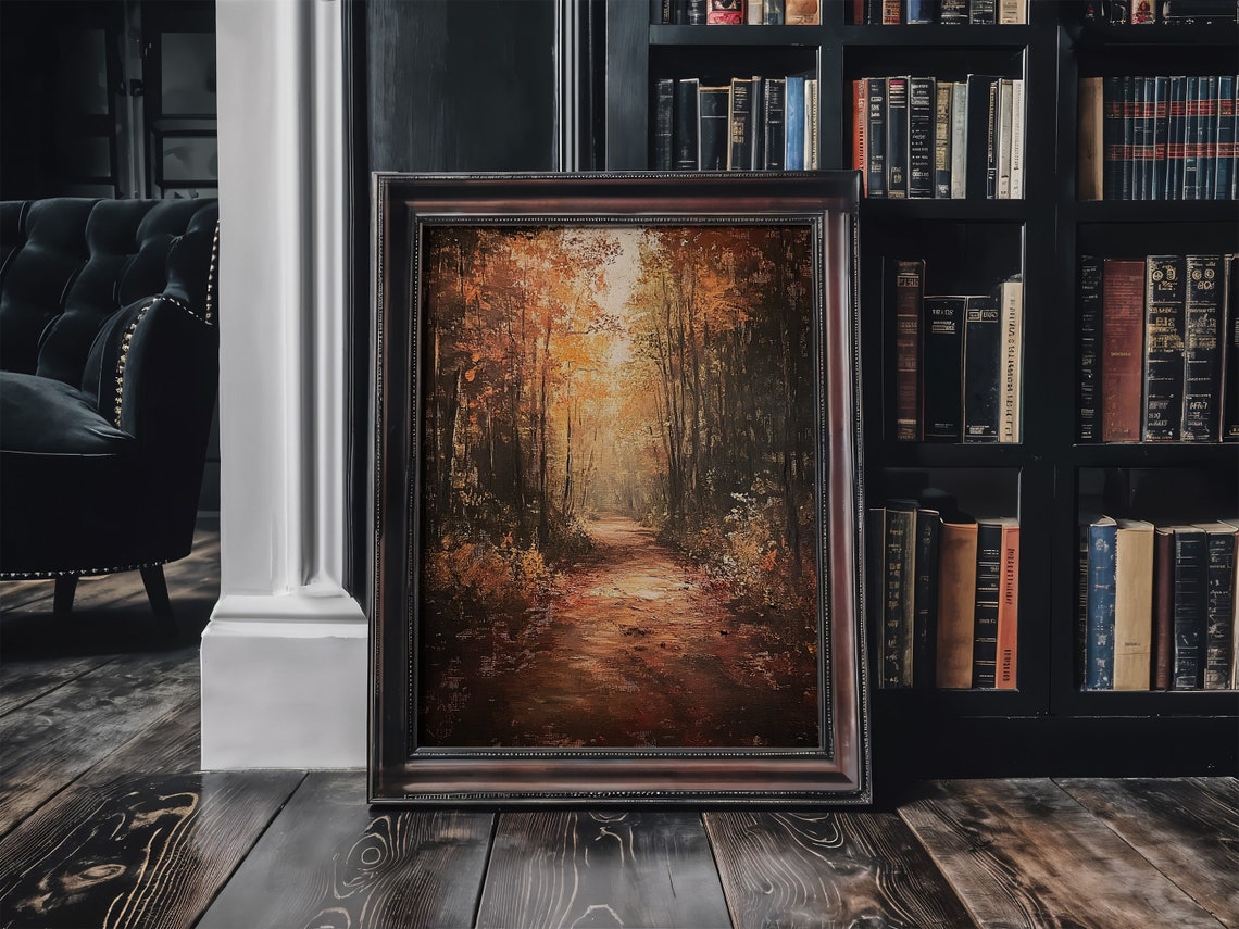 Golden Autumn Forest Path Warm Vintage Fall Landscape Oil Poster - Image 6