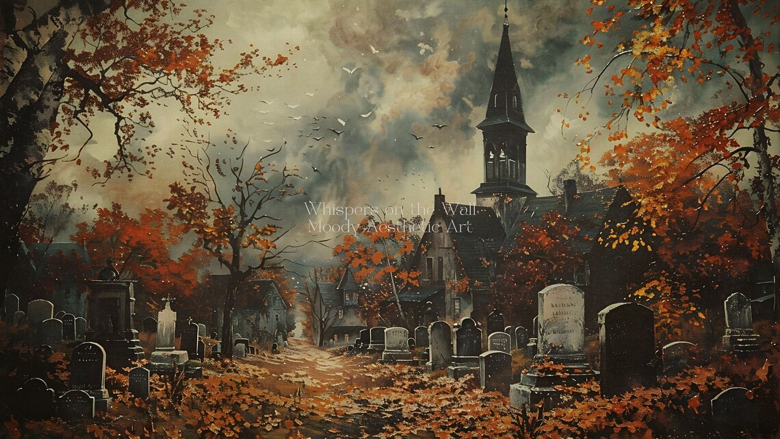 Old Cemetery Church Spire Autumn Spooky Halloween Landscape Poster - Image 5