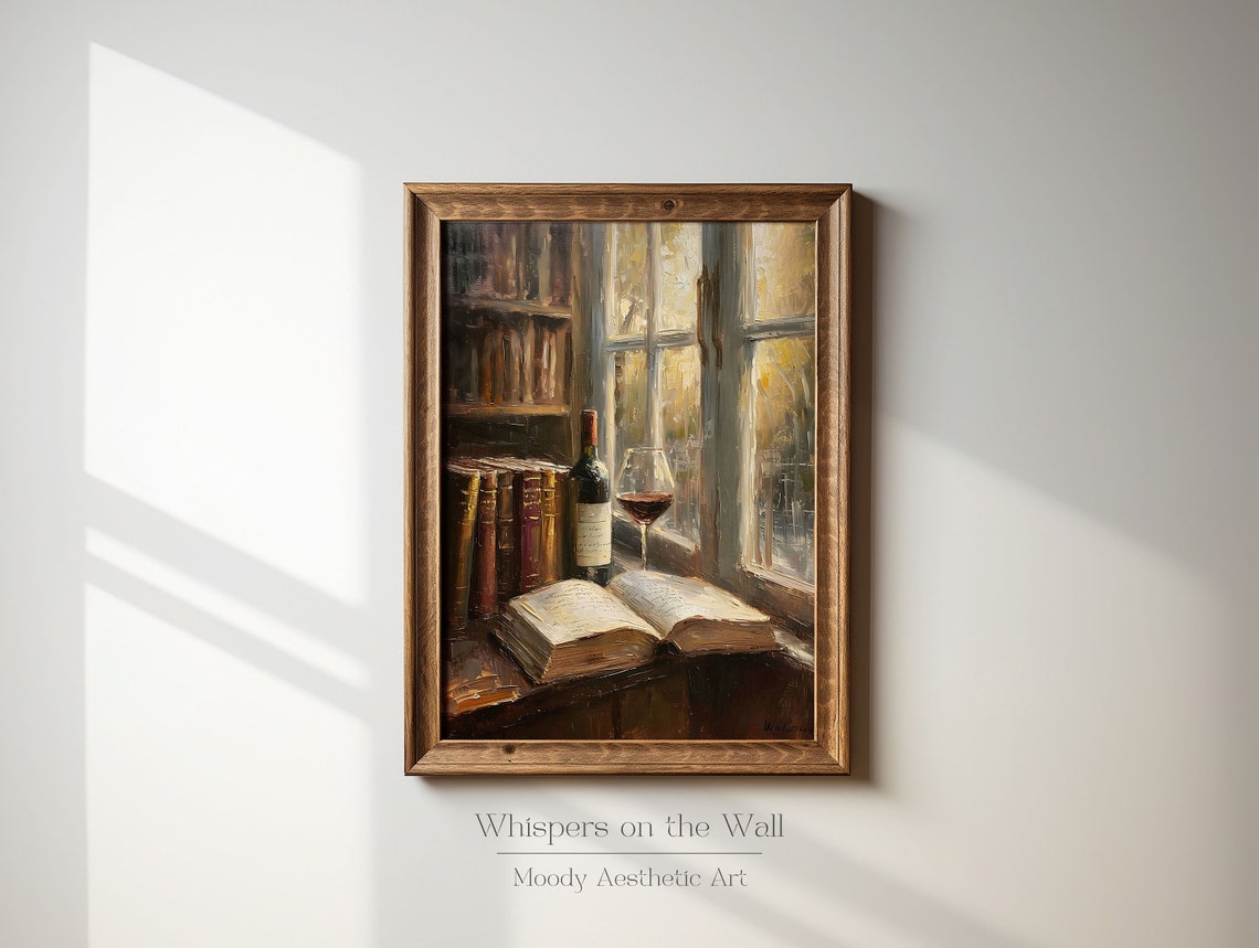 Open Book and Wine Bottle by Sunlit Library Window Oil Painting Poster - Image 3