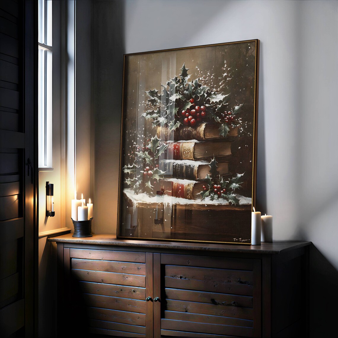 Christmas Rustic Book Still Life, Moody Winter Art Print - Image 3