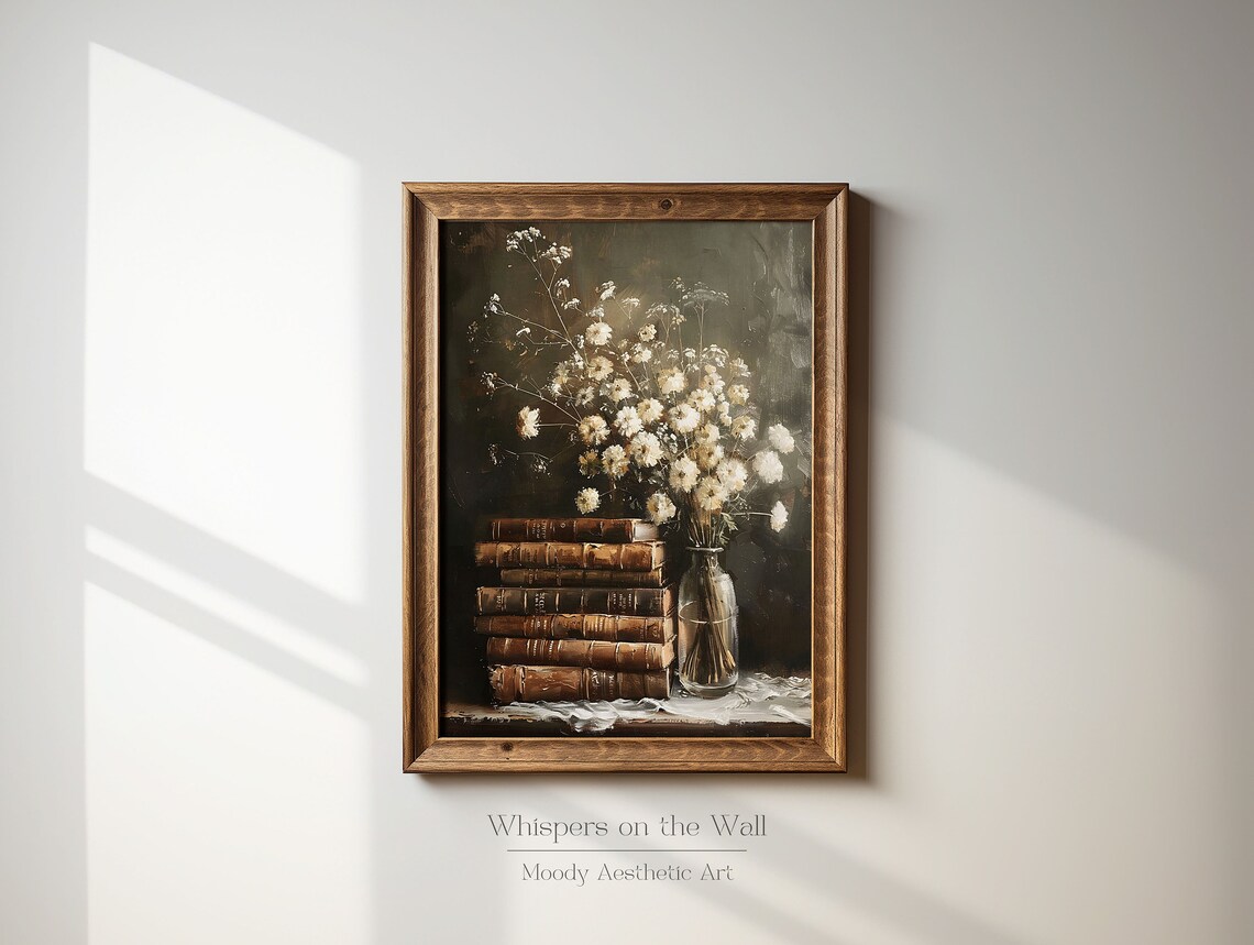 Antique Books and Wildflowers Moody Still Life Painting Poster - Image 2