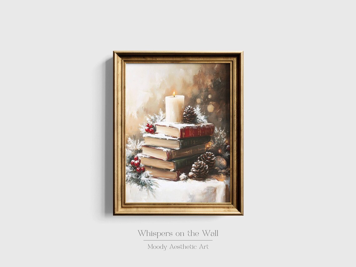 Christmas Books with Candle Snowy Vintage Oil Painting Cozy Poster - Image 3